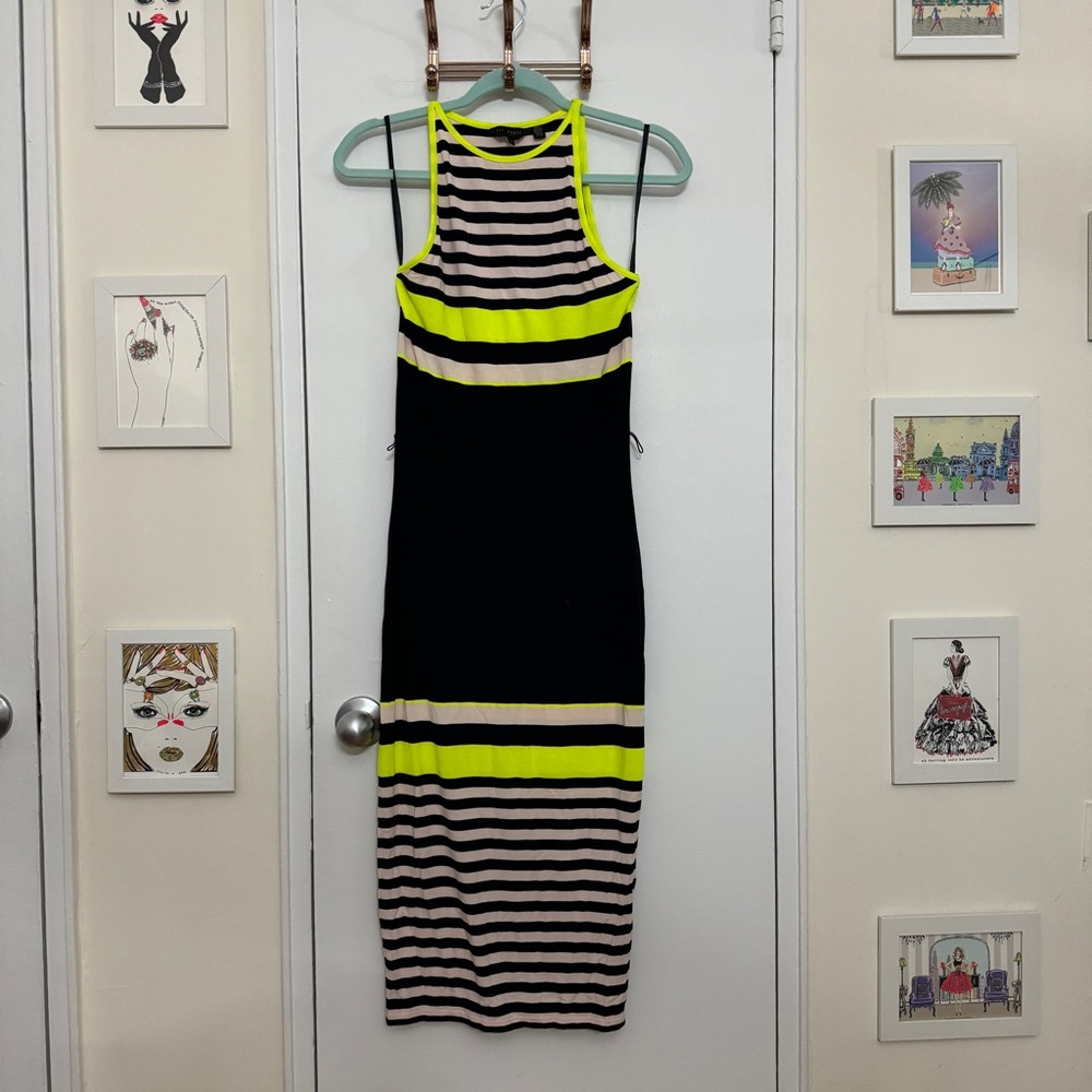 Ted Baker Neon Yellow and Navy Striped Bodycon Abbie Dress Size 1
